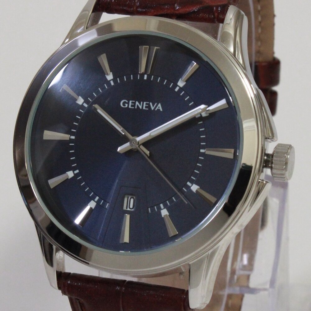 Geneva Men's Dress Watch Silver Tone Navy Blue Dial Brown Strap 42mm - Picture 10 of 13